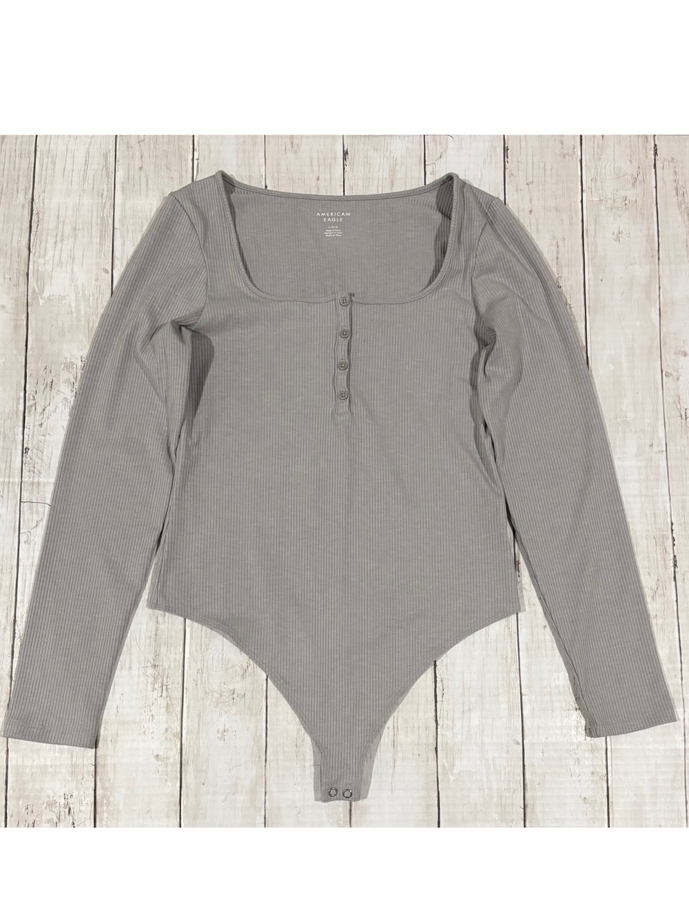 American Eagle Ribbed Henley Bodysuit Top Light Grey Large